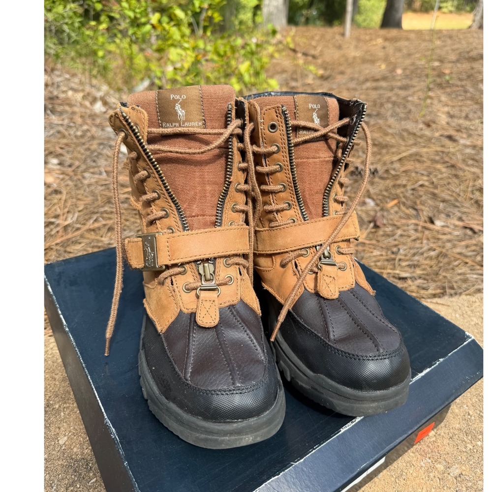 Polo Ralph Lauren Holden Tan Brown Leather Duck Boots Boys 6 Zip Buckle 90492